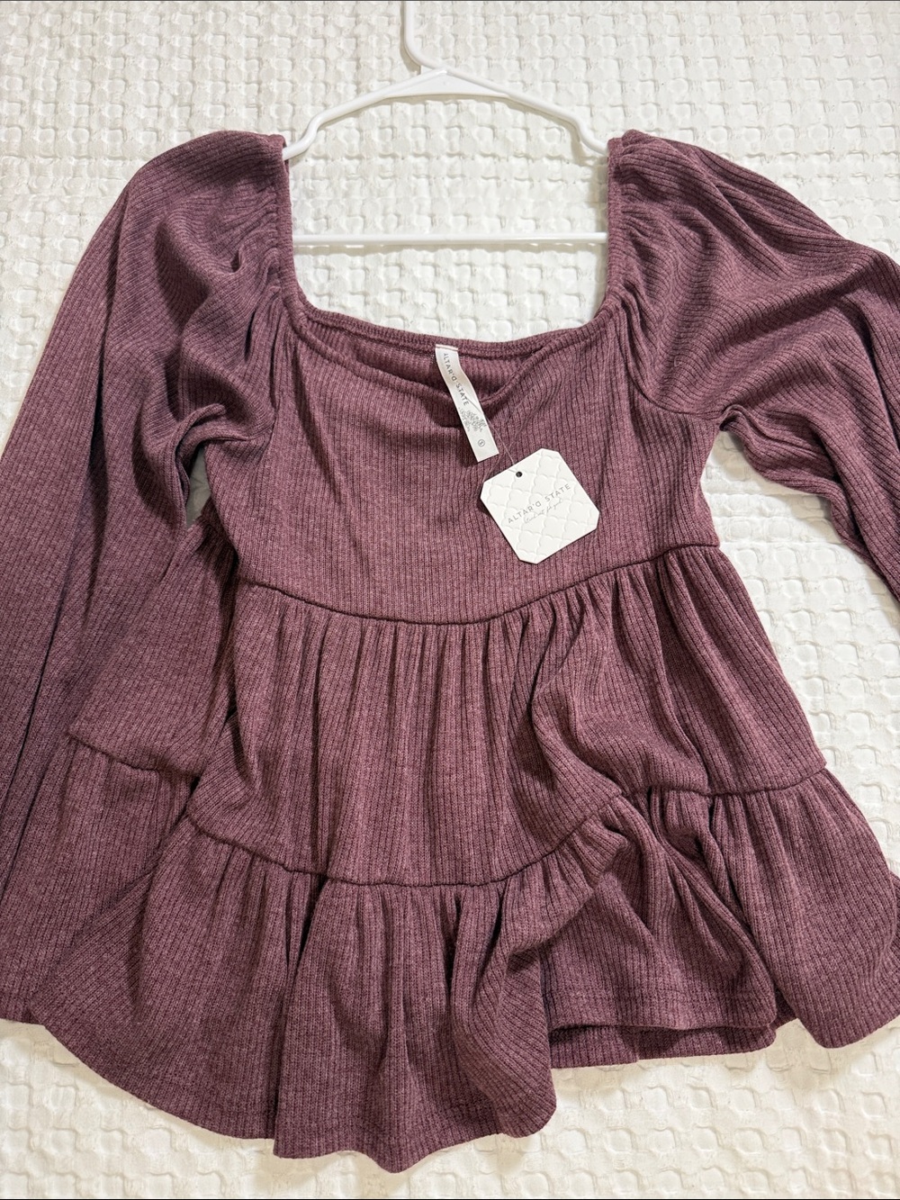 Altar'd State Ribbed Peplum Long-Sleeve Top in Mauve